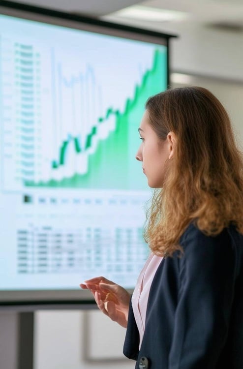 finance presentation on screen, lady presenting-1-1